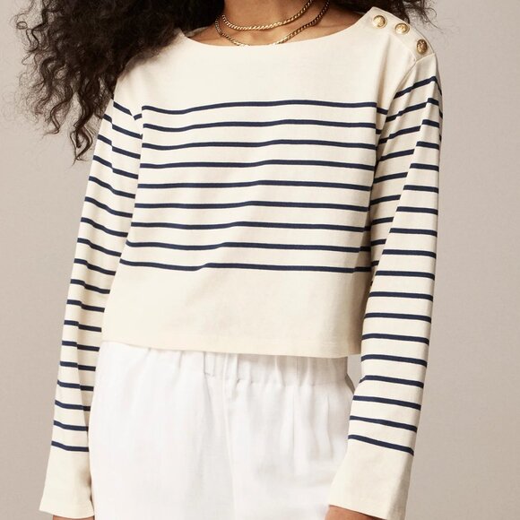 J. Crew Tops - J. Crew Cropped Boatneck T-shirt with Buttons in Mariner Cotton/NWT/M